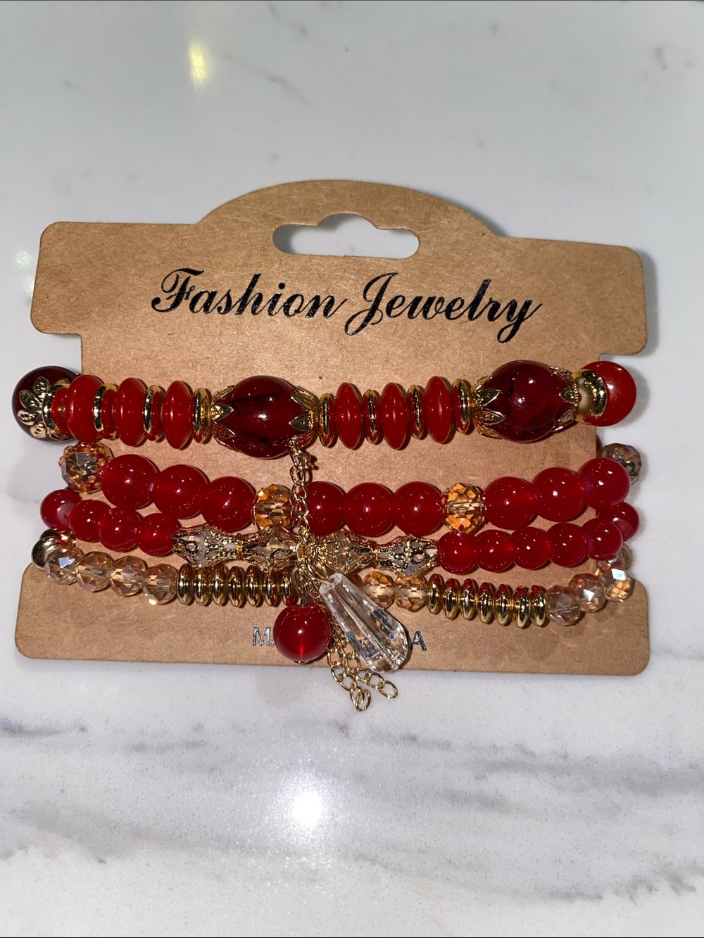 Fashion Jewelry Red and Gold Layered Beaded Bracelet Set